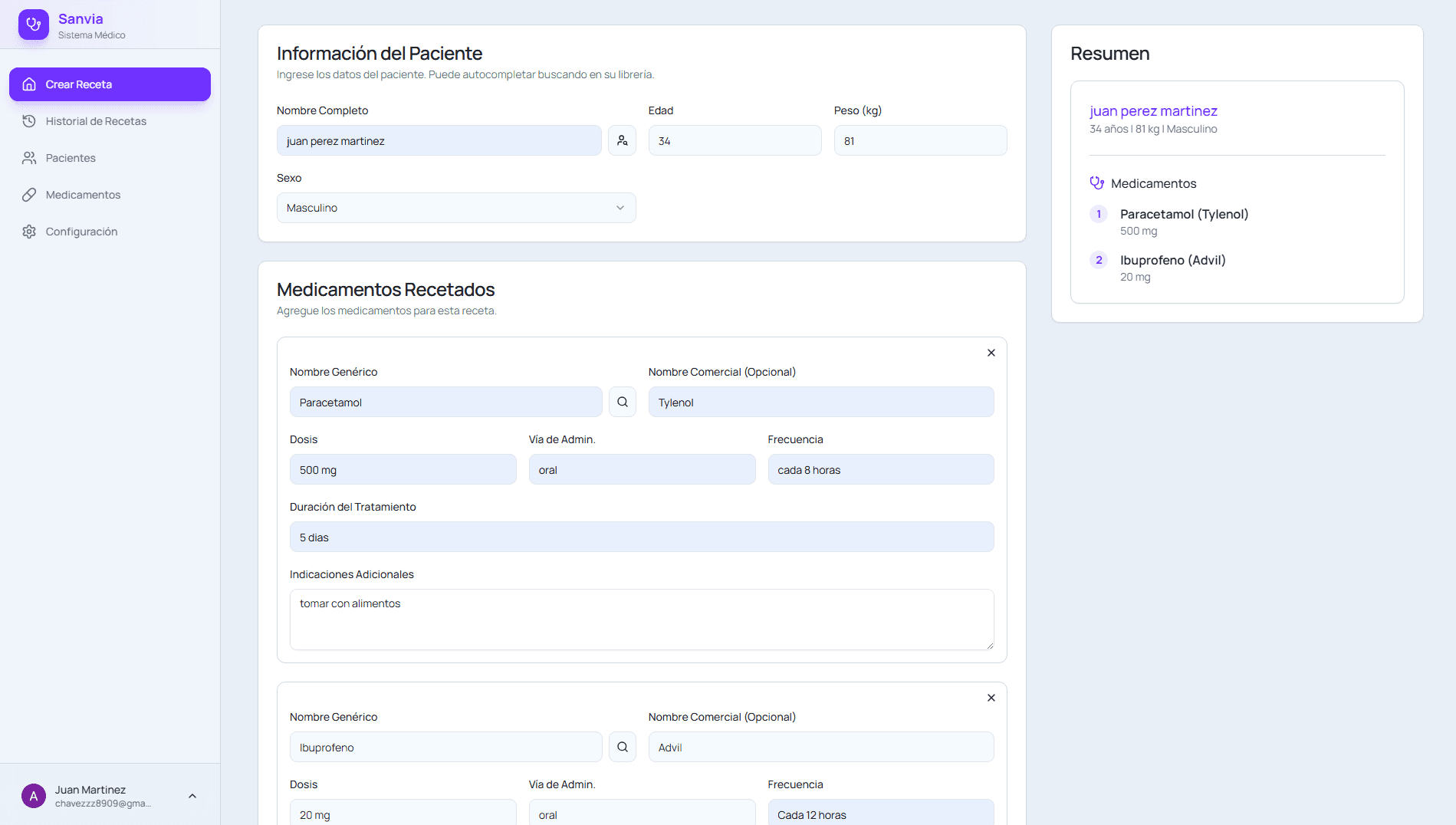 Interfaz de Sanvia - Creador de Recetas Médicas Digitales